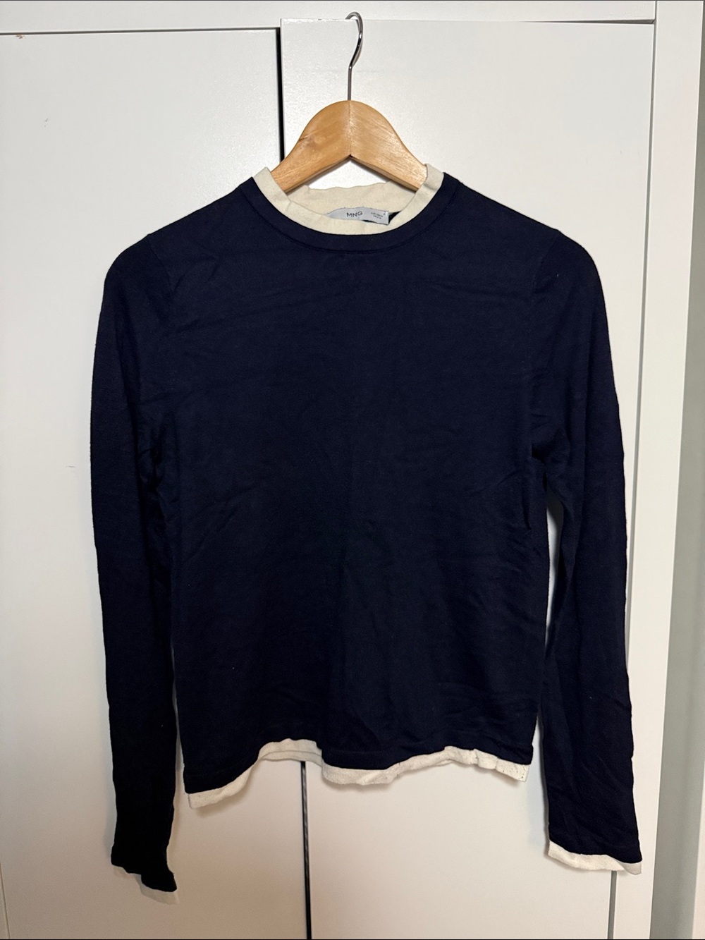 Mango Navy Crewneck Sweater with Cream Trim